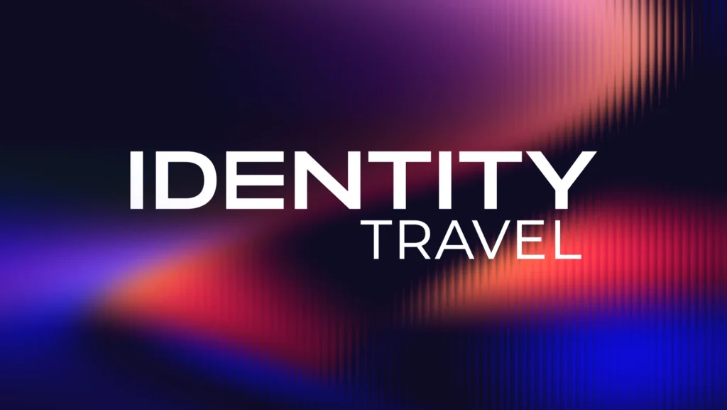 Identity Travel logo on atmospheric gradient background, announcing the rebrand from Beyond Business Travel