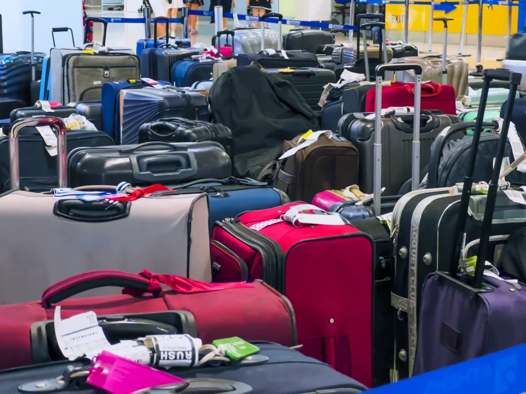 Dozens of uncollected suitcases piled up at an airport, representing travel disruption and the need for fast, reliable 24/7 business travel support when things go wrong.